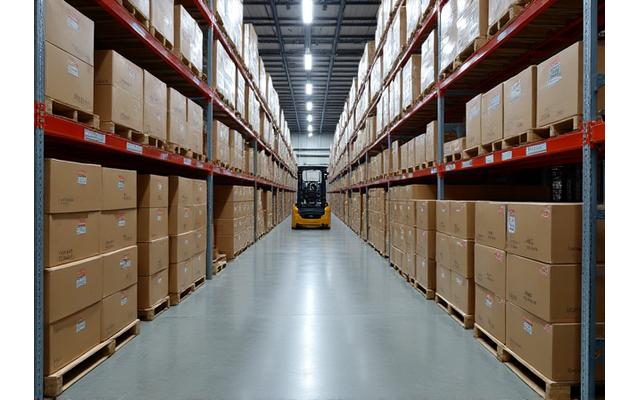Organized warehouse with stacked boxes ready for distribution