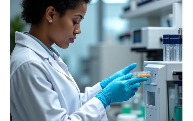 Lab technician conducting quality control tests on supplement ingredients